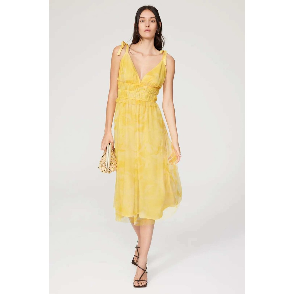 Louna Yellow Printed Midi Dress Chiffon V-Neck Sleeveless  Shoulder Tie Sz M